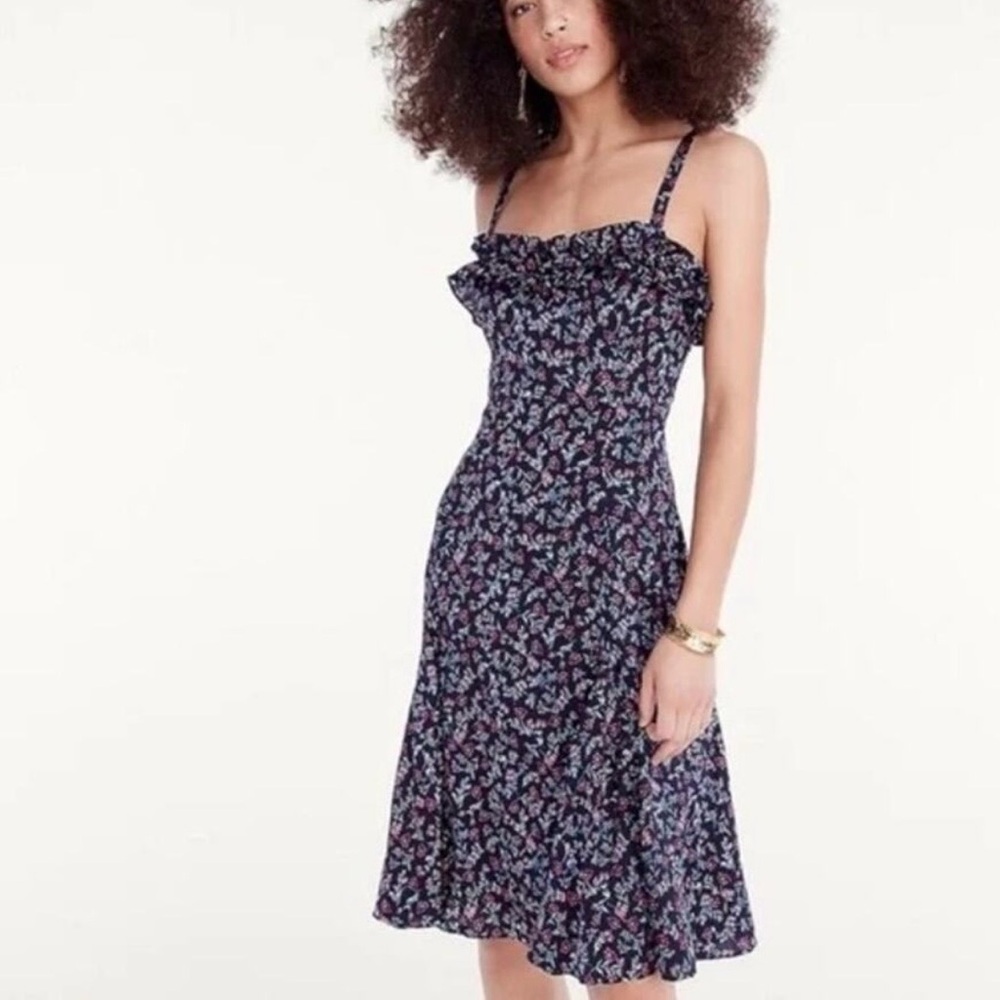 J. Crew Silk/ Elastane Floral Ruffle Strap Midi Dress